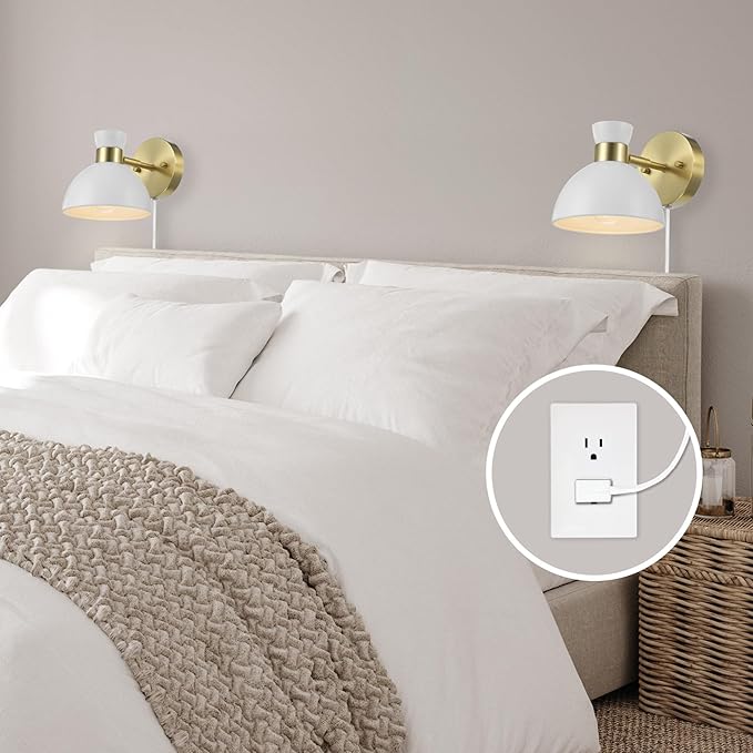 GLOBE Electric 65000099 1-Light Plug-in or Hardwire Wall Sconce, Matte Brass, Matte White Pivoting Metal Shade, 6ft Clear Cord, in-Line Rocker Switch, Wall Lights for Living Room, Bedroom, Den