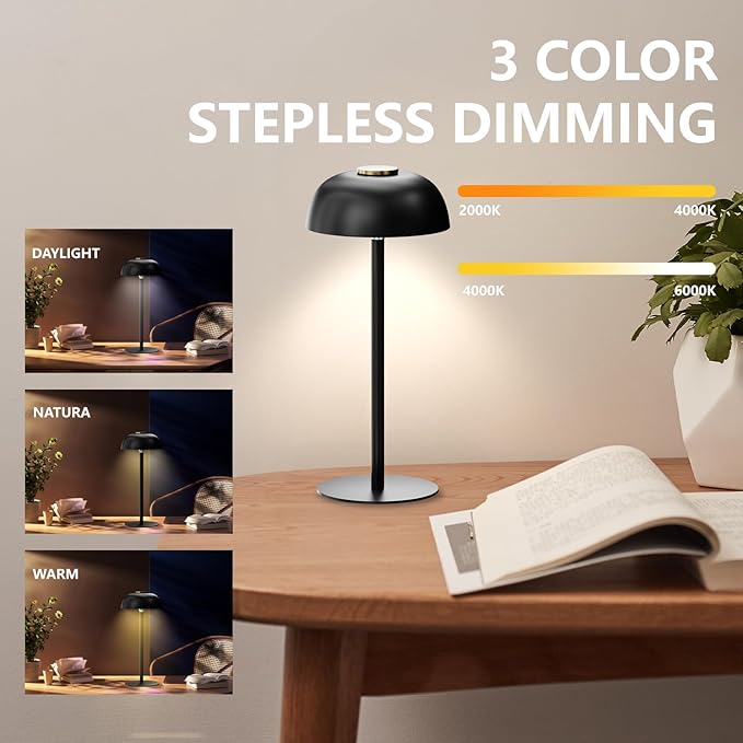Portable 12-Inch Cordless LED Table Lamp, Rechargeable 3-Color Dimmable Light, Bedside Lamp for Bedroom, Desk, Outdoor, Dining Room, and Camping (Black)