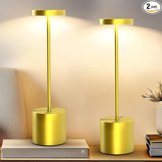 Rechargeable Table Lamp – 2 Pack Touch Lamps, Cordless Desk Lamp, 5000mAh Battery Operated Lamp with 3-Color Dimmable Light, Portable LED Lamp for Bedroom, Dining Room, Patio, Outdoor (Gold)