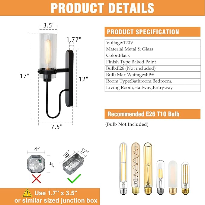 Bathroom Sconces Set of 2, Black Modern Vanity Lights with Clear Glass Shade, Indoor Farmhouse Wall Sconce for Living Room, Bedroom, Hallway, Stairwell and Kitchen