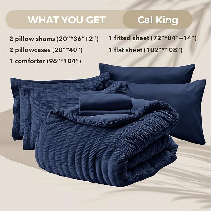 HYMOKEGE Navy Blue California King Comforter Set Seersucker 7 Pieces, All Season Luxury Bed in a Bag for Bedroom, Bedding Set with Comforters, Sheets, Pillowcases & Shams