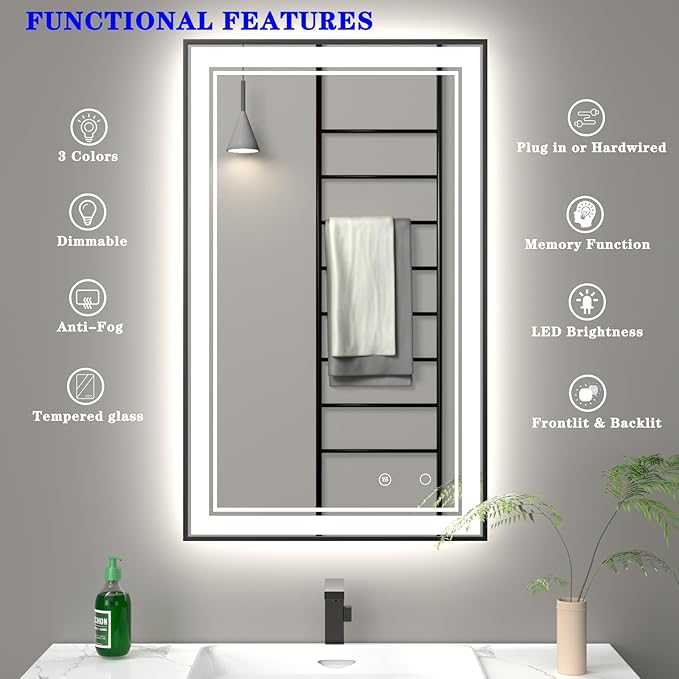 24" x 40" LED Bathroom Mirror with Lights Framed LED Mirror for Bathroom Backlit and Front Lighted Bathroom Mirror Black Square Aluminum Frame Anti-Fog Dimmable Vanity Adjustable Memory