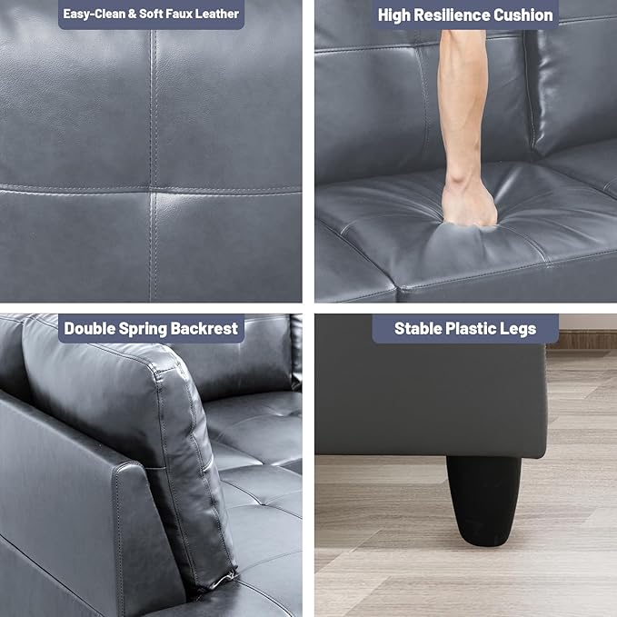 L-Shape 3-Piece Cloud Sofa, Couch for Living Room, Dark Grey Faux Leather L-Shape with Reversible Chaise & Storage Ottoman, Ergonomic 110–115° Recline, Solid-Wood Frame