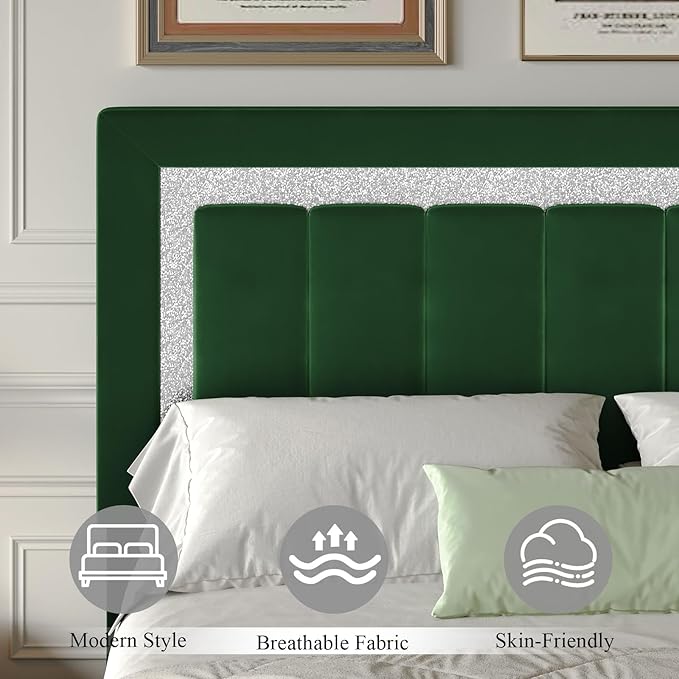 HOMBCK King Size Bed Frame with Diamond Headboard and Footboard, Velvet Upholstered Platform Bed with Wooden Slats, No Box Spring Needed, Easy Assembly, Green