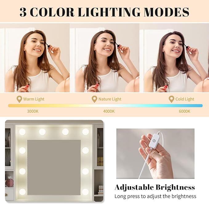 48.8" Makeup Vanity, Large Vanity Desk with Mirror and Lights, Makeup Desk with Charging Station, Vanity Dresser with 7 Drawers for Bedroom Dressing Room, for Women, Girls, Teens, White