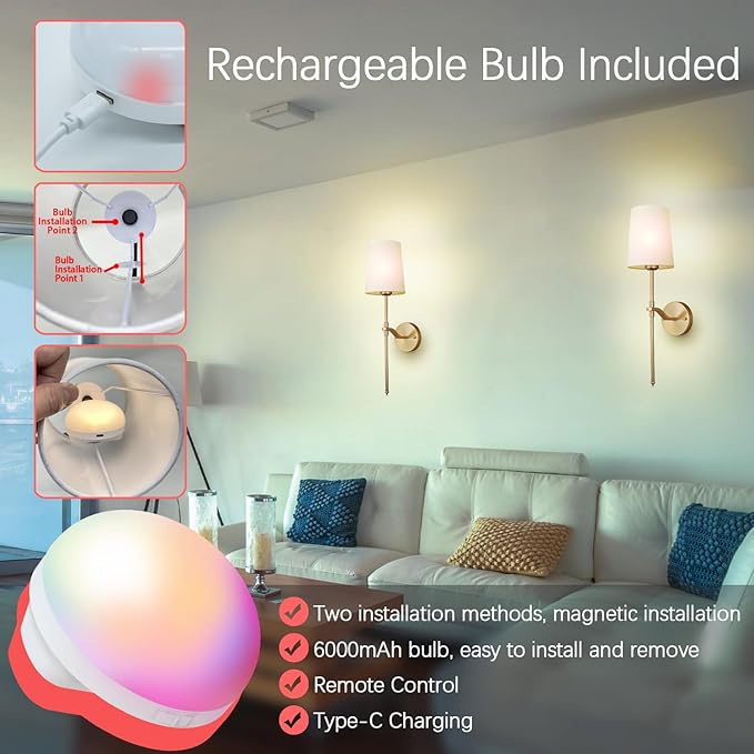Wall Lights Battery Operated Wall Sconces Set of 2, Gold Rechargeable Wall Sconce with 15 RGB Dimmable Detachable Bulbs and Remote, Wireless Battery Powered Wall Lamp for Living Room Bedroom
