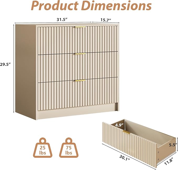 3-Piece Dresser Bedroom Set, 8 Drawer Dresser & 3 Drawer Nightstands with Gold Handles, Fluted Wood Chest of Drawers for Bedroom, Living Room, Entryway, Beige