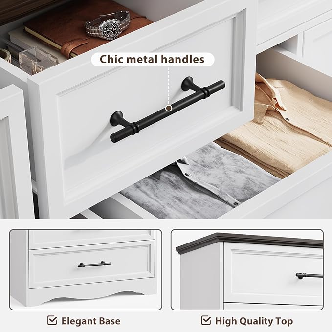 White Dresser for Bedroom, Farmhouse 10 Chest of Drawers, 59" Wide Chest of Drawers with Brushed Metal Handle, Wood Closet Organizers and Storage Cabinet for Bedroom, Living Room