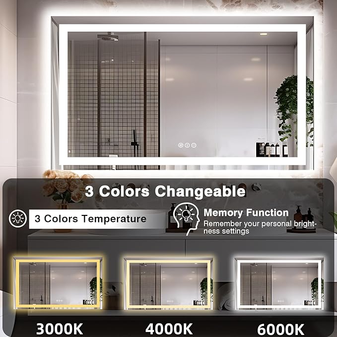 60"x40" LED Mirror for Bathroom, Front and Backlit, Anti-Fog Vanity Mirror with Lights, Stepless Dimmable Lit, 3 Colors Smart Mirror (Horizontal/Vertical)