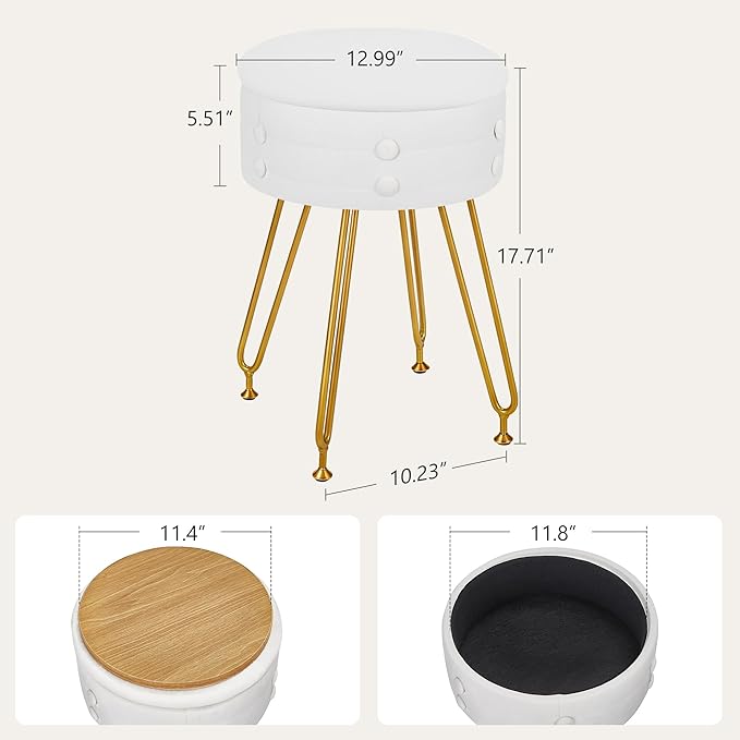 VECELO Round Vevlet Vanity Stool with Storage, 4 Metal Legs Vanity Seat with Anti-Slip Feet, Modern Vanity Chairs Footrest Furry Padded Seat, Space Saving, Easy to Clean for Makeup, Bedroom, White