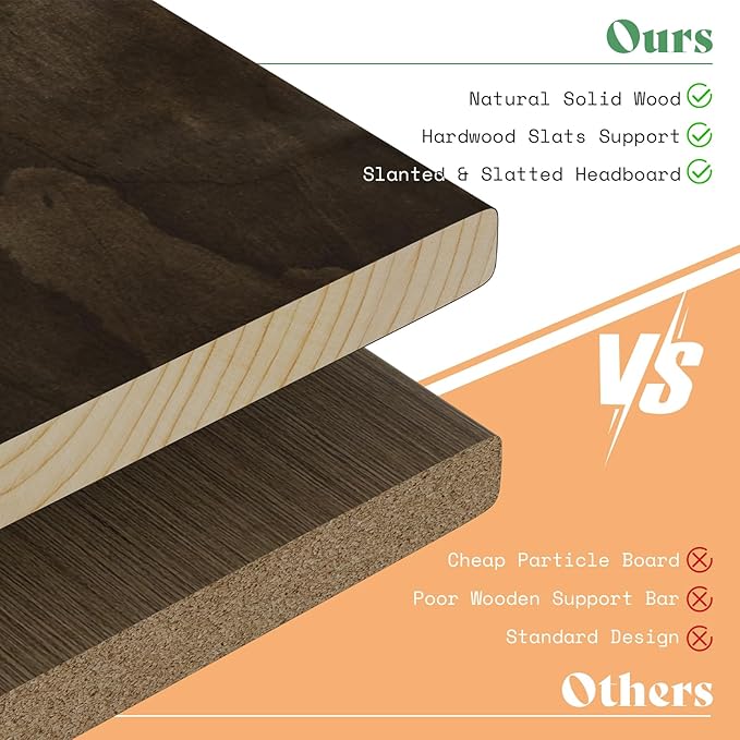 AMERLIFE Queen Solid Wood Bed Frame, Mid Century Platform Beds with Reclining Slatted Headboard, Wood Slat Support/No Box Spring Needed/Noise Free, Dark Brown