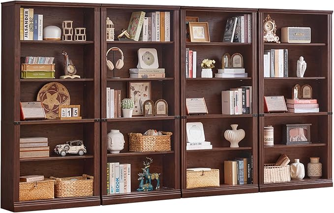 70" Walnut Tall Bookshelf Set of 4,5-Tier Thick Wooden Book Shelf with Adjustable Shelves,Free Standing Farmhouse Bookcase with Open Display Storage,Floor Vintage Bookshelves for Living Room