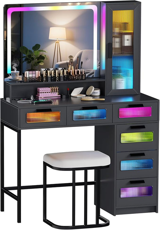 LED Makeup Vanity Desk with 20" Mirror and Light, Smart Dressing Table with 6 Drawers, 3 Shelves, 24 Color Lighting Modes, Cushioned Stool, USB Type-C Storage for Bedroom Dressing Room Gray