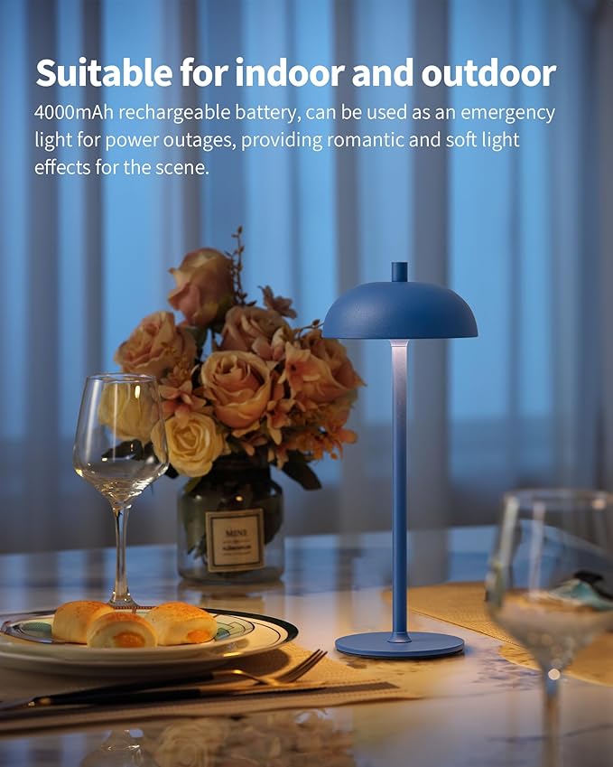 LED 12" Small Cordless Table Lamp Set of 2, 4000mAh Portable Touch Desk Lamp, 3 Color Dimming Rechargable Battery Powered Lamps, for Bedroom, Outdoor, Restaurant, Bedside, Night Lights (Blue)