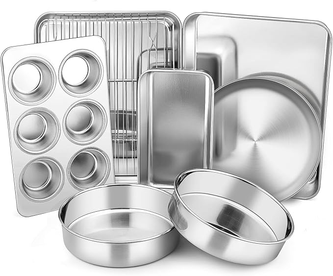Toaster Oven Bakeware Set, E-far 8-Piece Stainless Steel Small Baking Pan Set, Include 6-Inch Cake Pan/Rectangle Baking Pan/Cookie Sheet with Rack/Muffin/Loaf/Pizza Pan, Non-Toxic & Dishwasher Safe