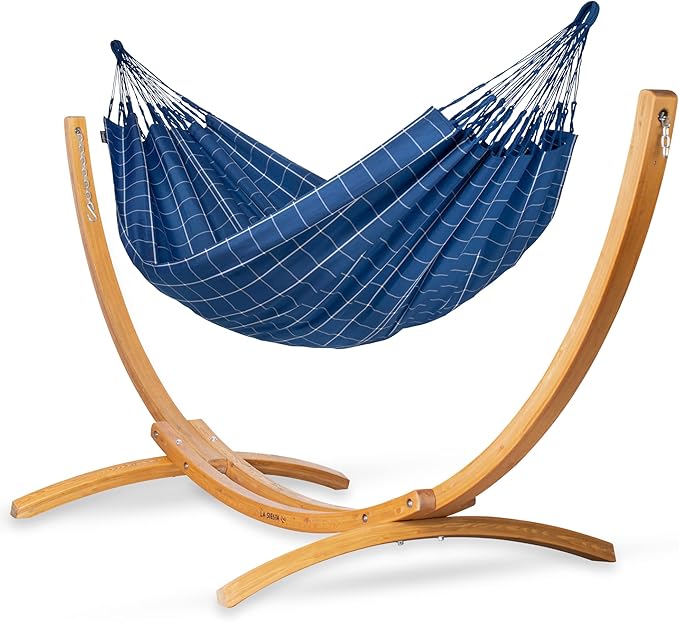 LA SIESTA® - Large Double Brisa Classic Hammock & Elipso Stand - Larch Wood Hammock Stand - Weather & Tear Resistant - Backyard Outdoor Hammock with Stand - 2-Person, Max 355 Lbs, Marine