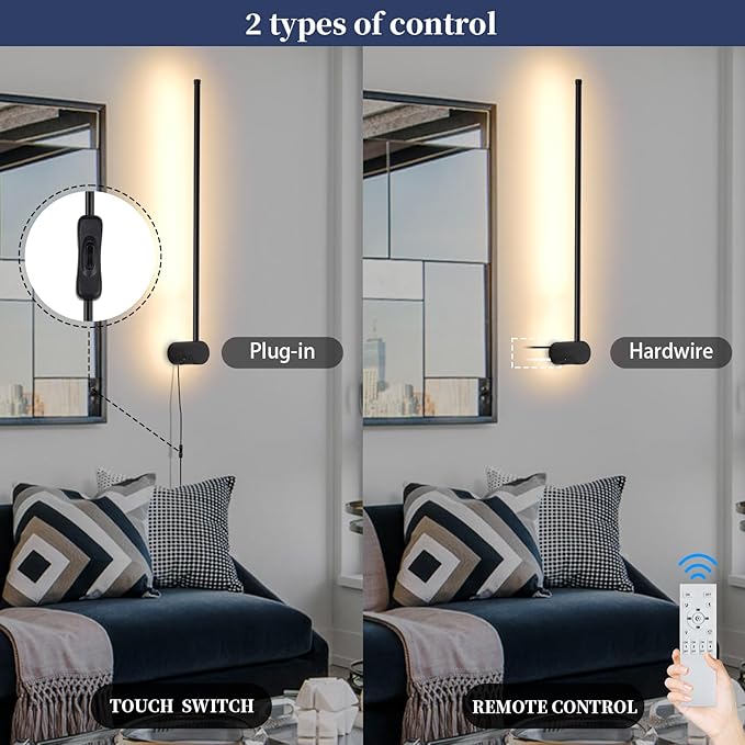 Dimmable Plug in Wall Sconce Set of 2, Black 23.6" LED Wall Light with Remote, Adjustable Color Temperature Brightness Wall lamp with Timer for Living Room,Bedroom and Accent Lighting