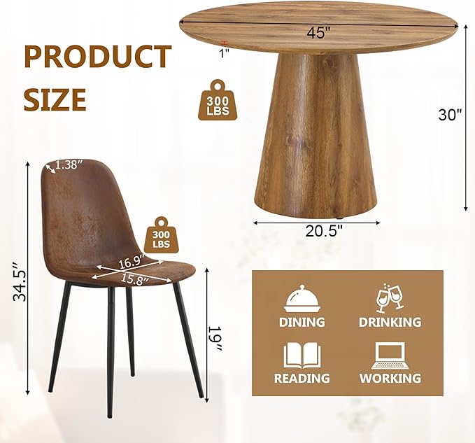 Round Dining Table Set for 4,45'' Wood Dining Room Table Set for 4 with Suede Chairs,Farmhouse Pedestal Dining Table Set for Dining Room,Apartment Easy Assembly
