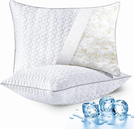 Cooling King Size Pillows Set of 2, Shredded Memory Foam Pillows, Adjustable Firm Bed Pillows Cool Cold Pillow for Hot Side Back Stomach Sleepers with Removable Washable Cover, 20" x 36", White