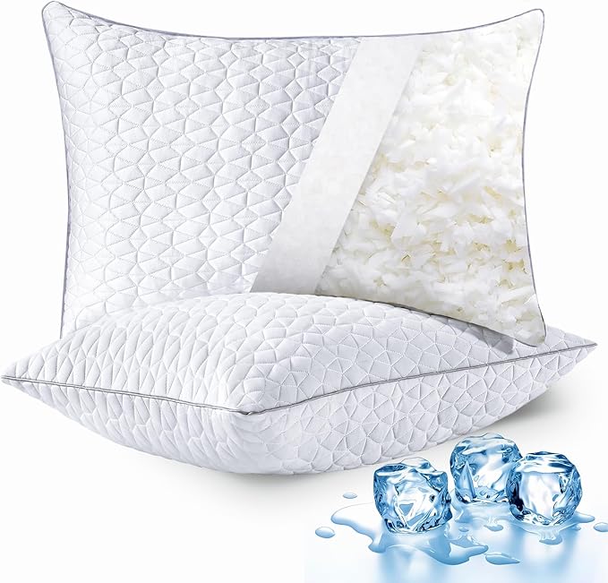 Cooling Pillows Queen Size Set of 2, Shredded Memory Foam Pillows, Adjustable Firm Bed Pillows Cool Cold Pillow for Hot Side Back Stomach Sleepers with Removable Washable Cover, 20" x 30", White