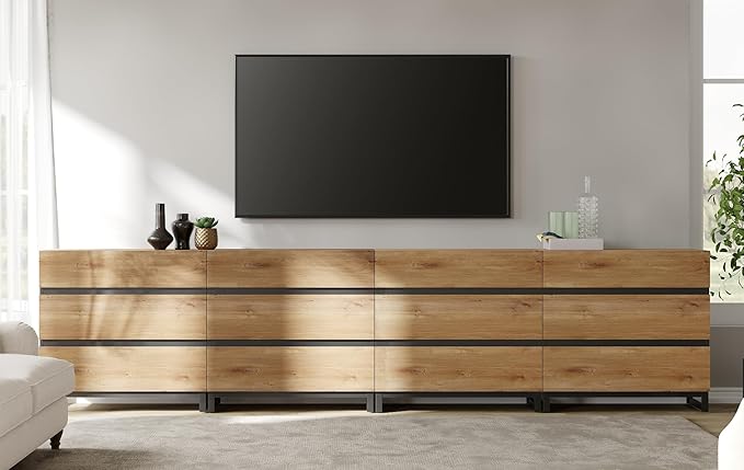 WAMPAT Modern TV Stand for TVs up to 120 inch, Entertainment Center TV Console with 12 Drawers and Metal Base, Media Console for Living Room, Bedroom, Oak