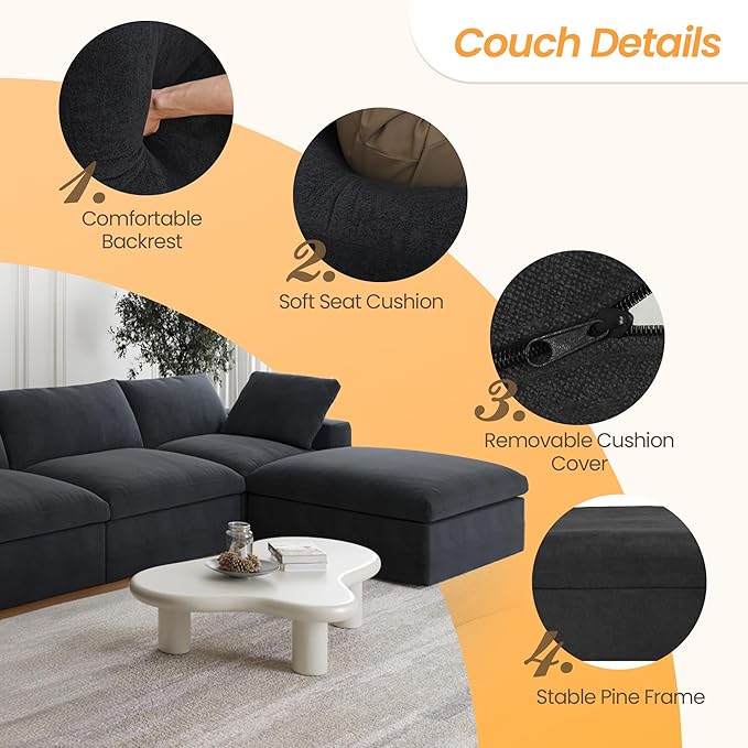 JACH 160.6" U-Shaped Sectional Couch, Modern Modular Convertible Sofa with Chaise Ottomans, Deep 4-Seats Comfy Sectional Cloud Couches for Living Room/Apartment, Bedroom (Black)
