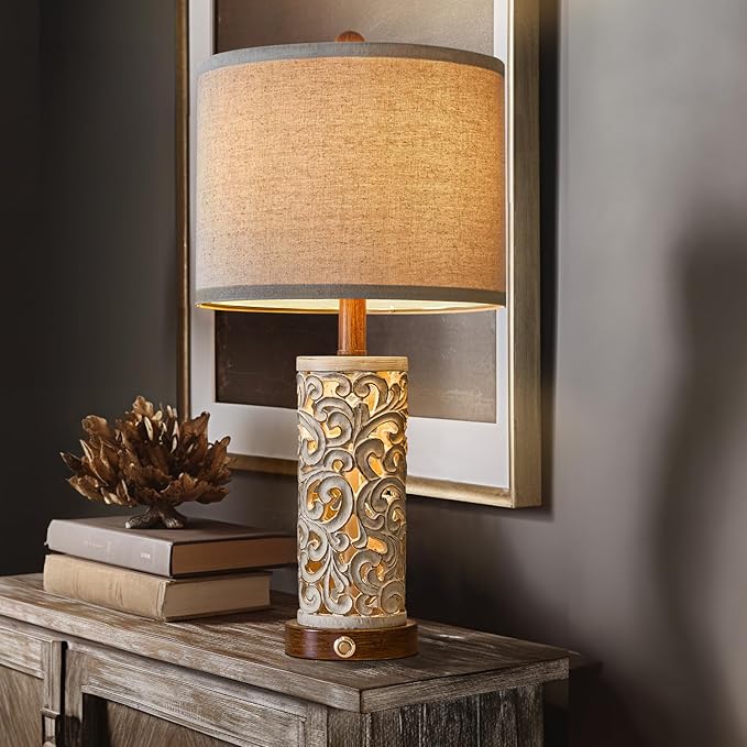 OYEARS 3-Way Dimmable 22'' USB A+C Touch Control Table Lamp with Nightlight for Living Room Bedroom Farmhouse Bedside Nightstand Lamps (Brown Bulb Included