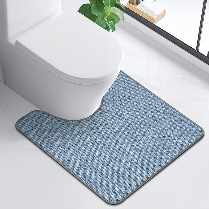 Toilet Rugs U Shaped Washable 24x20, Ultra Thin Toilet Rug Super Absorbent, Toilet Mat Rubber Backing Non-Slip, Toilet Mats Machine Washable Dry Quickly, Contour Bathroom Rugs for Toilet-Blue
