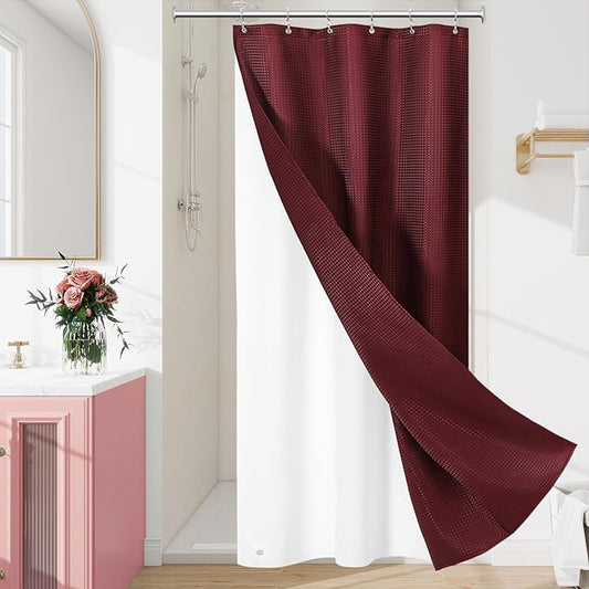 3 in 1 Stall Half Size Burgundy Shower Curtain Set-36 W x 72 H, Modern Waffle Waterproof Fabric and PEVA Liner Set with Stainless Steel Hooks