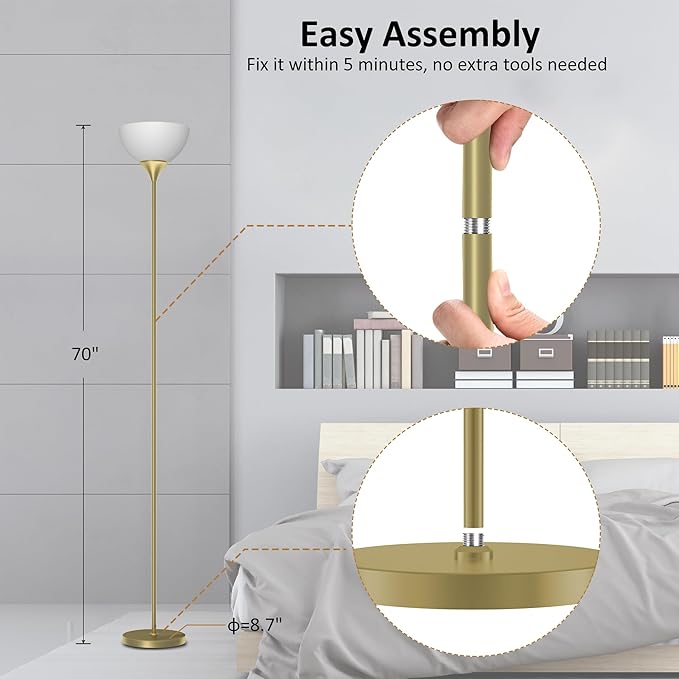PESRAE Floor Lamp, Remote Control with Stpeless Color Temperatures and Brightness, Torchiere lamp for Bedroom, Living Room, Bulb Included