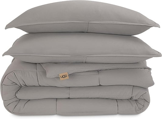 UGG Leonora Comforter Set with 2 Pillow Shams Lightweight Down Alternative Blanket Reversible Cozy Warm All Season Washable and Hypoallergenic Bedding Set, King, Light Grey