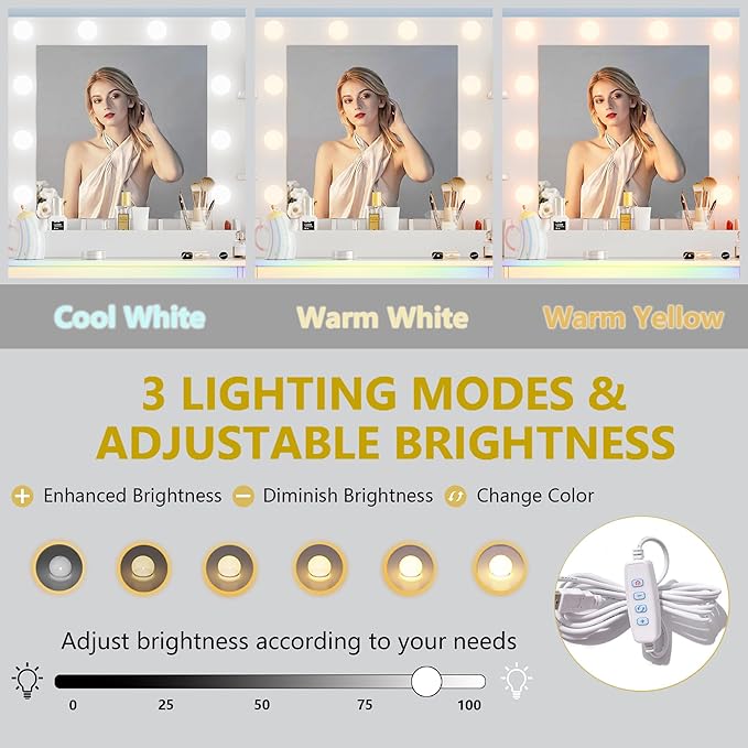 Vanity Desk with Mirror and Lights, Makeup Dressing Table Set with Storage Drawers & Stool, Power Outlet, 3 Lighting Modes Adjustable Brightness & RGB Ambient Light for Women Girls Bedroom, White