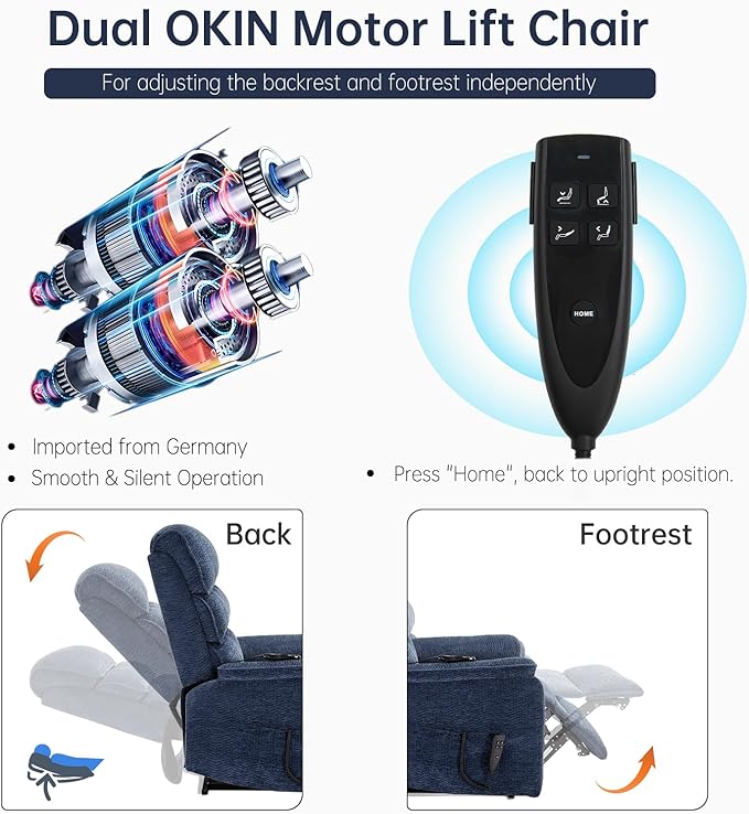 Electric Lift Chair with Heat and Massage, Dual Motor Recliner Lift Chair with Infinite Position, 72.4in Long Big and Tall Recliner, Blue Extra Wide Recliner, Chenille Fabric