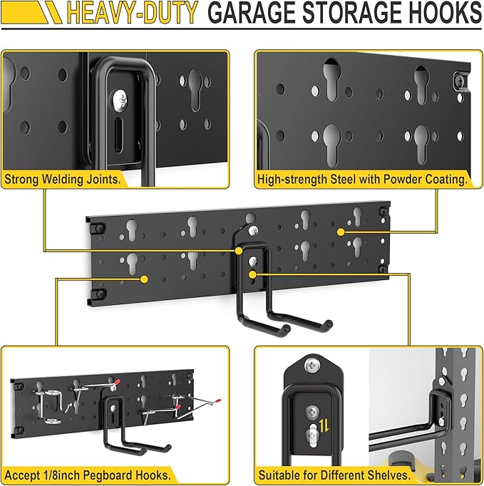 Ultrawall Garage Storage Organization, Versatile Storage Hooks Garden Tool Organizer Wall Mount, 64 Inch Yard Tool Organizer Hangers for Shovels, Rakes, Ladders, 19pcs Black