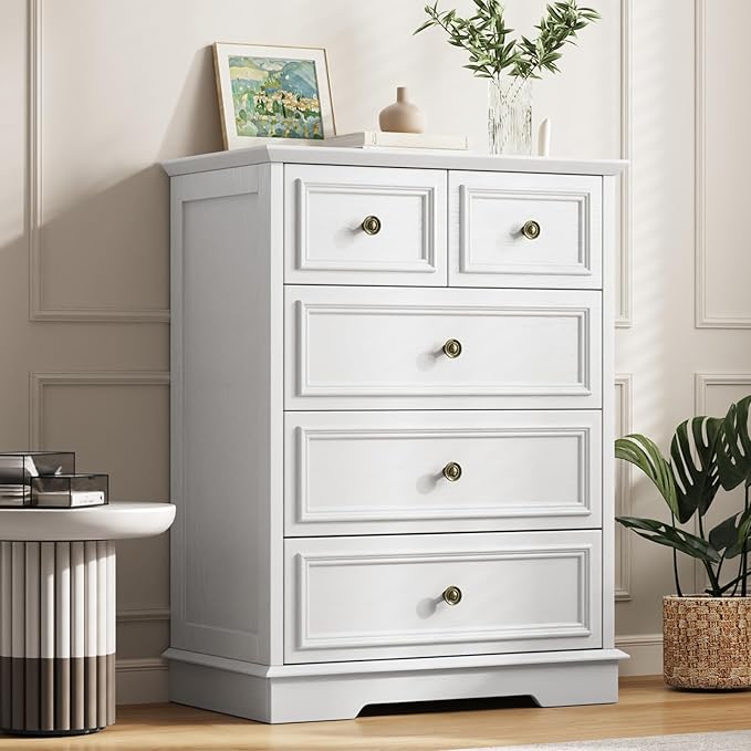 White 5 Drawer Dresser for Bedroom, Modern Chest of Drawers, Wooden Storage Dresser with Deep Drawers for Bedroom, Living Room, Entryway, Hallway