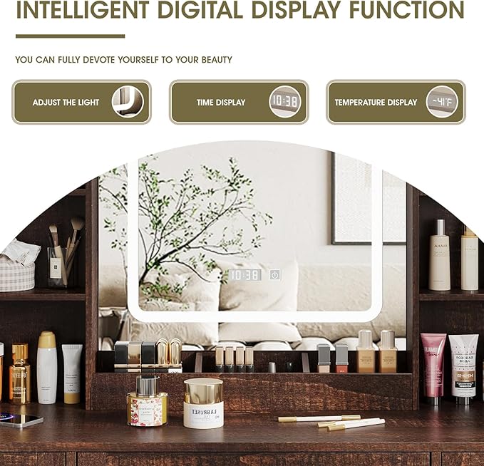 Vabches Makeup Vanity Desk, Vanity Mirror with Lights Desk and Chair,Makeup Table with 3 Large Drawers and 2 Cabinets, Time and Temperature Display, 3 LED Lighting Modes Adjustable, Brown