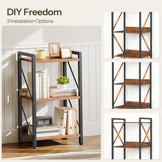 HOOBRO Bookshelf, 3-Tier Industrial Bookcase, Book Shelf Storage Organizer, Small Bookshelf with Metal Frame for Living Room, Bedroom, Home Office, Kitchen, Rustic Brown and Black BF71SJ01