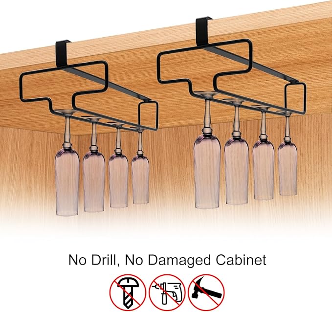 4PCS Wine Glass Holder, Stemware Rack Hanger Under Cabinet, Hanging Glass Storage Rack Organizer for Kitchen Bar, Black