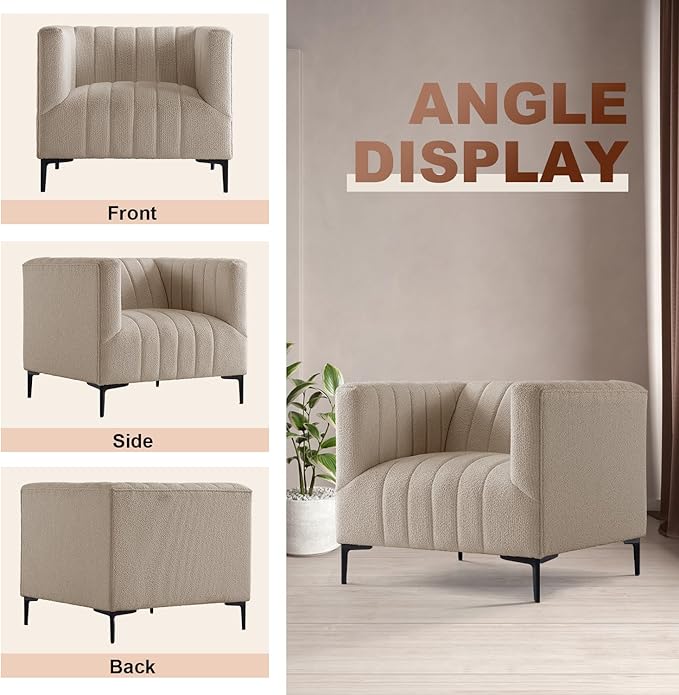 Get Set Style Modern Accent Single Sofa Chair with Arms,Tufted Bouclé Upholstered Comfy Reading Sofa with Arm,Thick Seat Cushion Chair for Living Room Bedroom Study Studio Lounge, Taupe