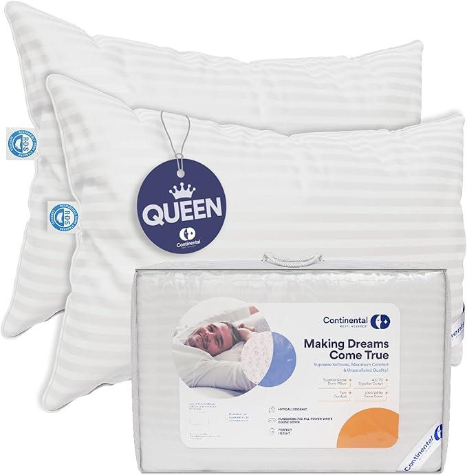 Continental Bedding | Serenity Goose Down Pillow | 700 Fill Power Hungarian White Down | 400TC Cotton Damask Shell | Made in USA | Firm, Queen (Pack of 2), 2 Count