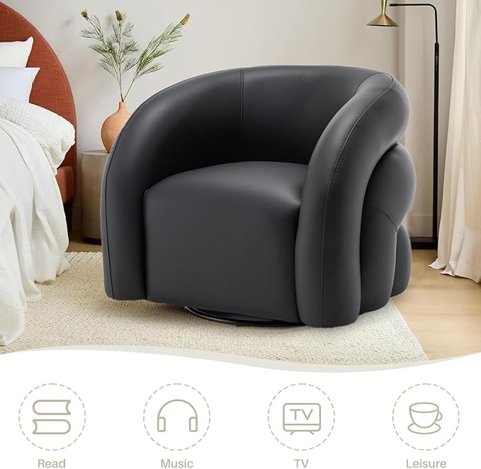 34.6" W Swivel Accent Chair, Modern Round Faux Leather Armchair for Living Room,Upholstered Comfy Sofa Chairs for Bedroom Reading Apartment Lounge,Fully Assembled(Black)