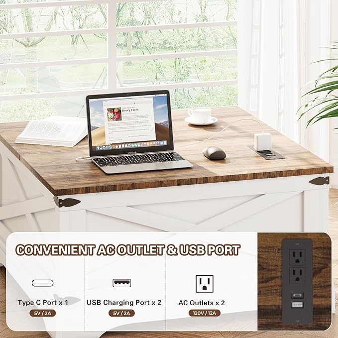 Lift Top Coffee Table with Storage, Square Coffee Table for Living Room with Charging Ports, Farmhouse Dining Table with Large Hidden Storage, White, 31.5"