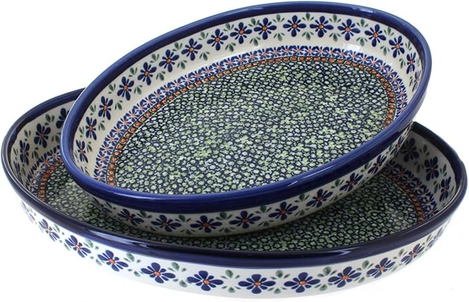 Blue Rose Polish Pottery - Blue Mosaic Flower Oval Baker Set - 2 Bakers - Unique, Dishwasher Safe, & Durable Bakeware