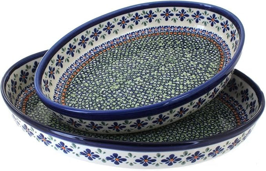 Blue Rose Polish Pottery - Blue Mosaic Flower Oval Baker Set - 2 Bakers - Unique, Dishwasher Safe, & Durable Bakeware