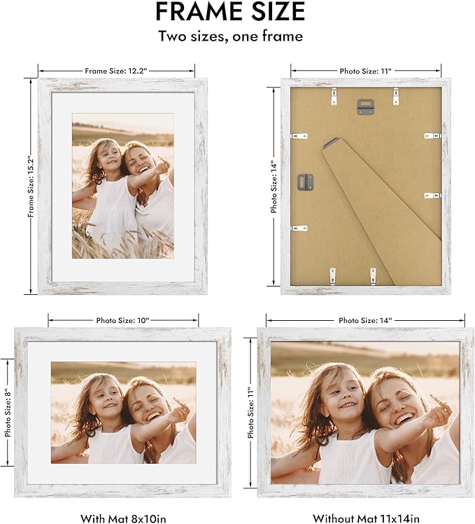 11x14 Picture Frame with Real Glass - 8x10 Wooden Frame with Mat, Horizontal and Vertical Display for Wall or Tabletop (Distressed White, 1 Pack)