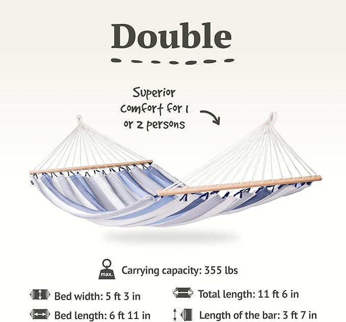 LA Siesta® Alisio Hammock with Spreader Bar & CasaMount, Suspension Kit for Walls Ceilings & Square Beams - Weatherproof Outdoor Hammock - 2 Person Hammock Bed Double Hammock - Max 355 Lbs, Sea Salt
