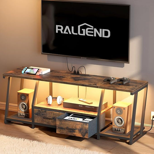 LED TV Stand with Fabric Drawers for 65 Inch TV, Entertainment Center with Power Outlets and Open Storage Shelves, Industrial Media TV Console Table for Living Room, Bedroom, Rustic Brown