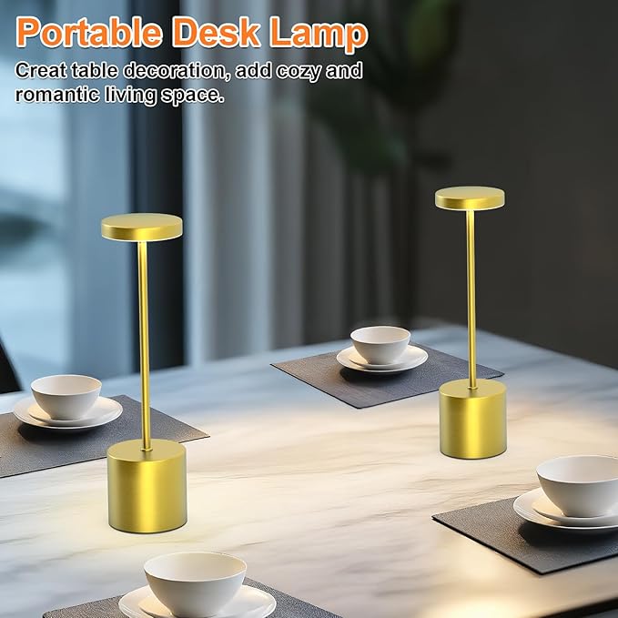 Rechargeable Table Lamp – 2 Pack Touch Lamps, Cordless Desk Lamp, 5000mAh Battery Operated Lamp with 3-Color Dimmable Light, Portable LED Lamp for Bedroom, Dining Room, Patio, Outdoor (Gold)