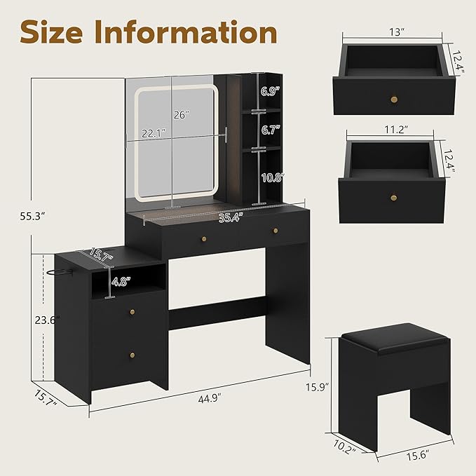 HAOBO Home Makeup Vanity Desk with Charging Station, Makeup Dressing Table with Mirror and Lights for Bedroom, Dressing Room