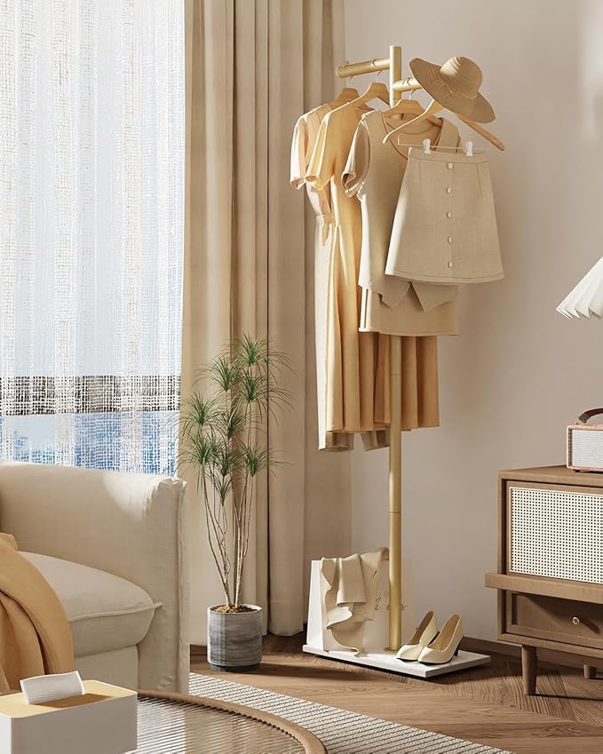 Free-standing Metal Coat Racks, Modern Garment Rack, Z-shaped Coat Tree with Natural Rock Base, for Bedroom, Office, Hallway, Entryway, Living Room, 68.9in, Gold